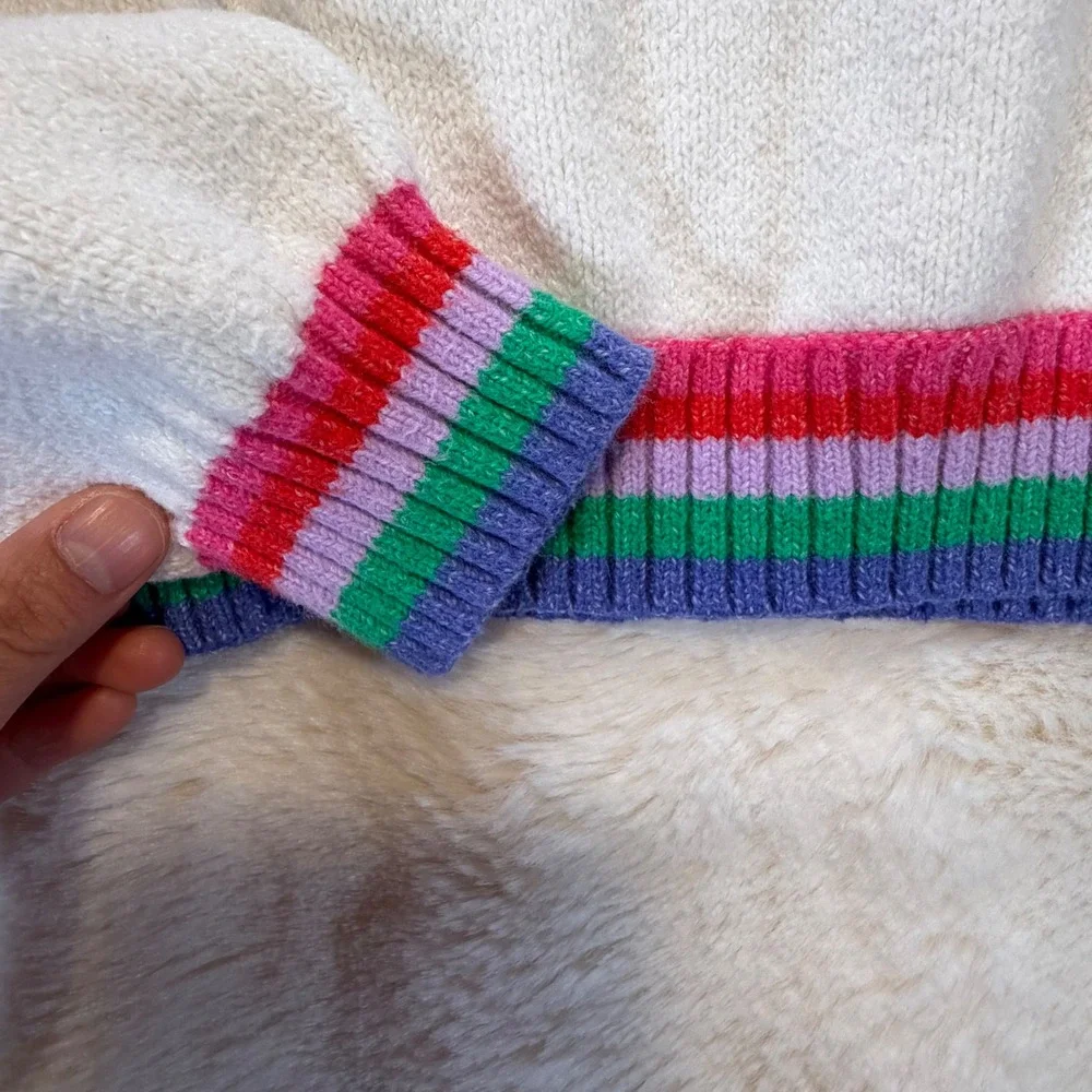 Old Navy Girls Happy‎  Knit Sweater Rainbow Striped Trim Cream White Crewneck